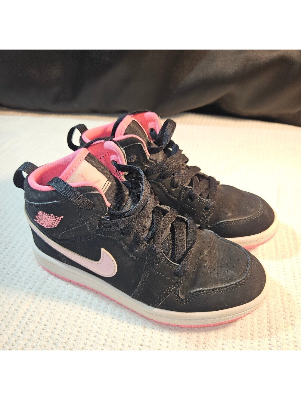 Jordan 1 Mid Sneakers Unisex Kids Black Pink 13C Lace Up Casual